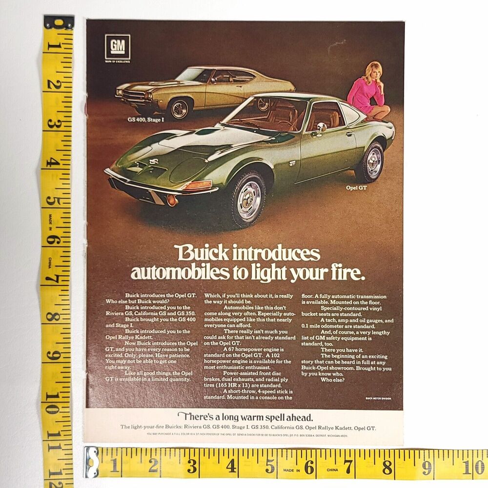 Vintage Buick Opel GT Single Page Full Color Print Ad 1969 Hot Rod Magazine‎